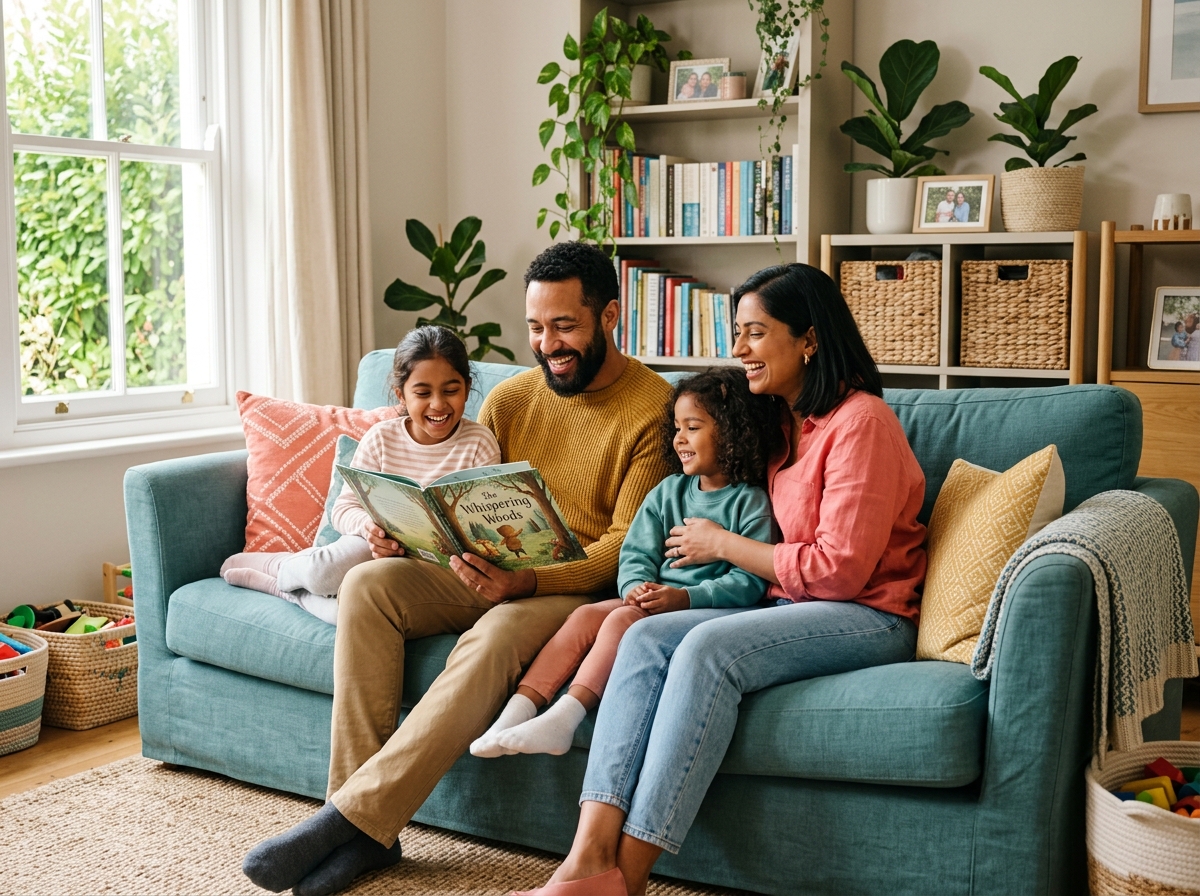 Familia y niños jugando tranquilos en casa
