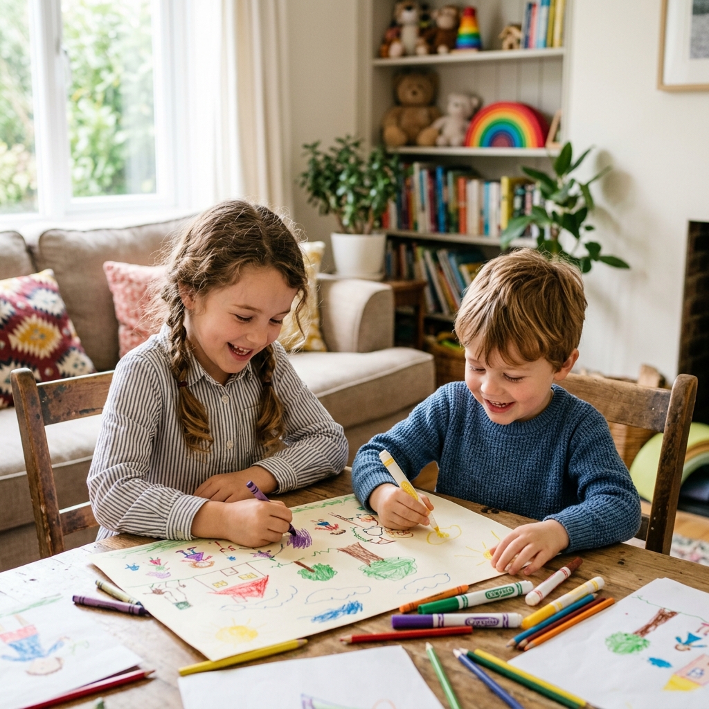 Niños sonriendo y jugando con manualidades de papel, fomentando la creatividad infantil